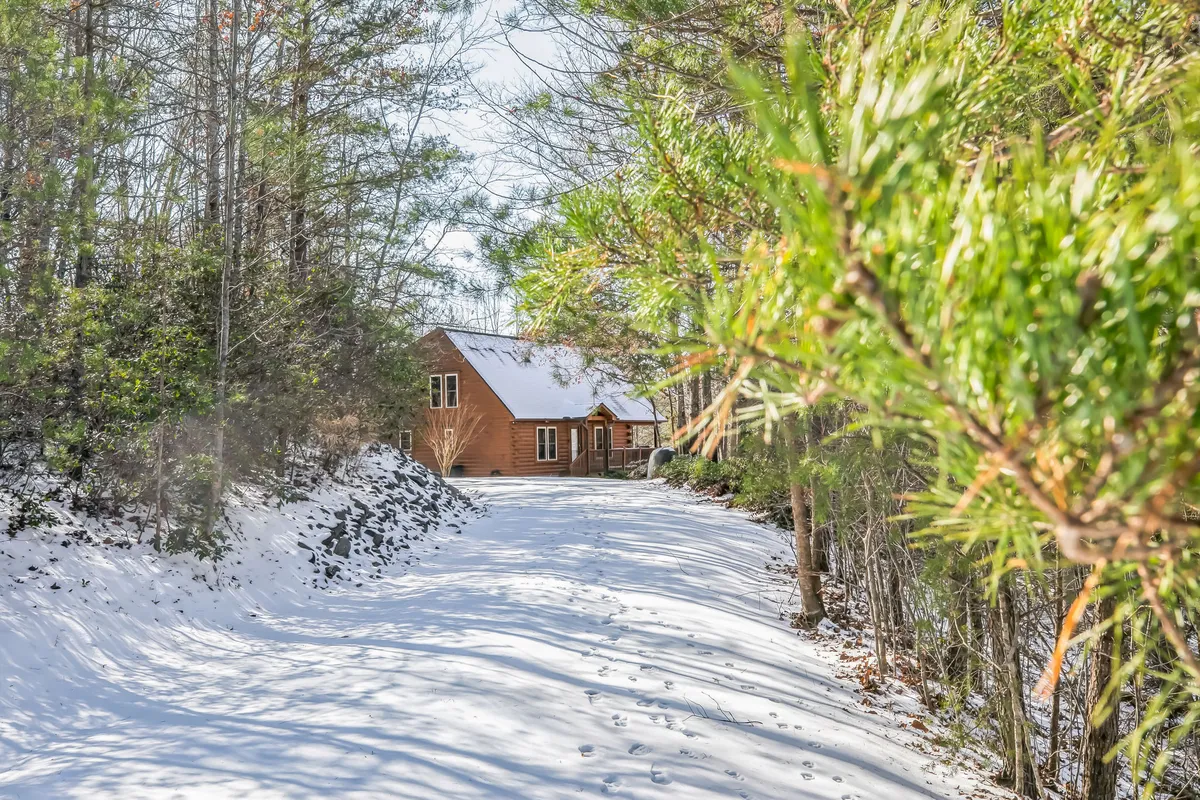 A tranquil exterior view of the wooden cabin, surrounded by trees and a snow-covered pathway leading up to the entrance. The setting exudes a peaceful, natural vibe perfect for group arrivals and outdoor activities. The winter landscape hints at seasonal adventures and the seclusion necessary for private gatherings.